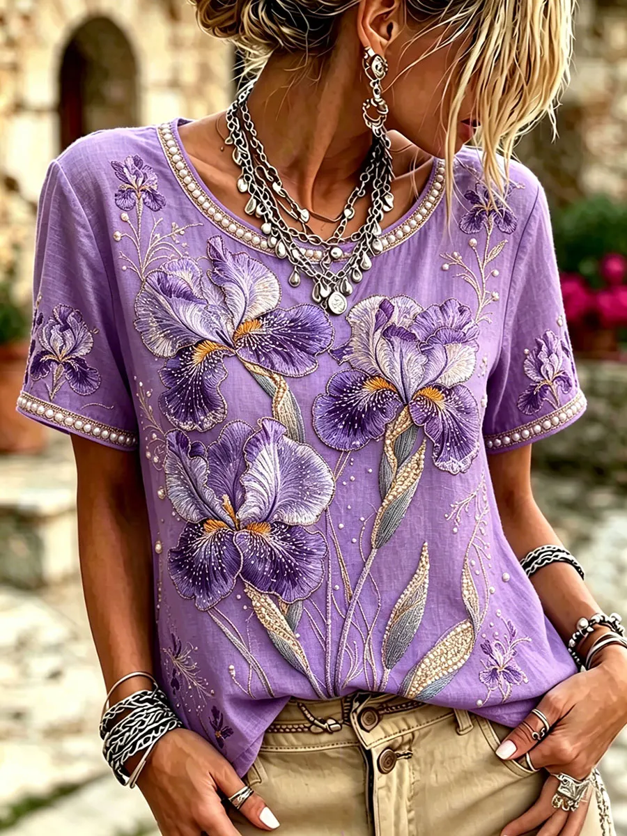 Frauen-Alzheimer-Lila-Blumenoberteile-Mode & Komfort