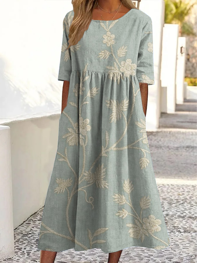 Vintage Midikleid mit Blumenmuster, Rundhalsausschnitt und Taschen-Mode & Komfort