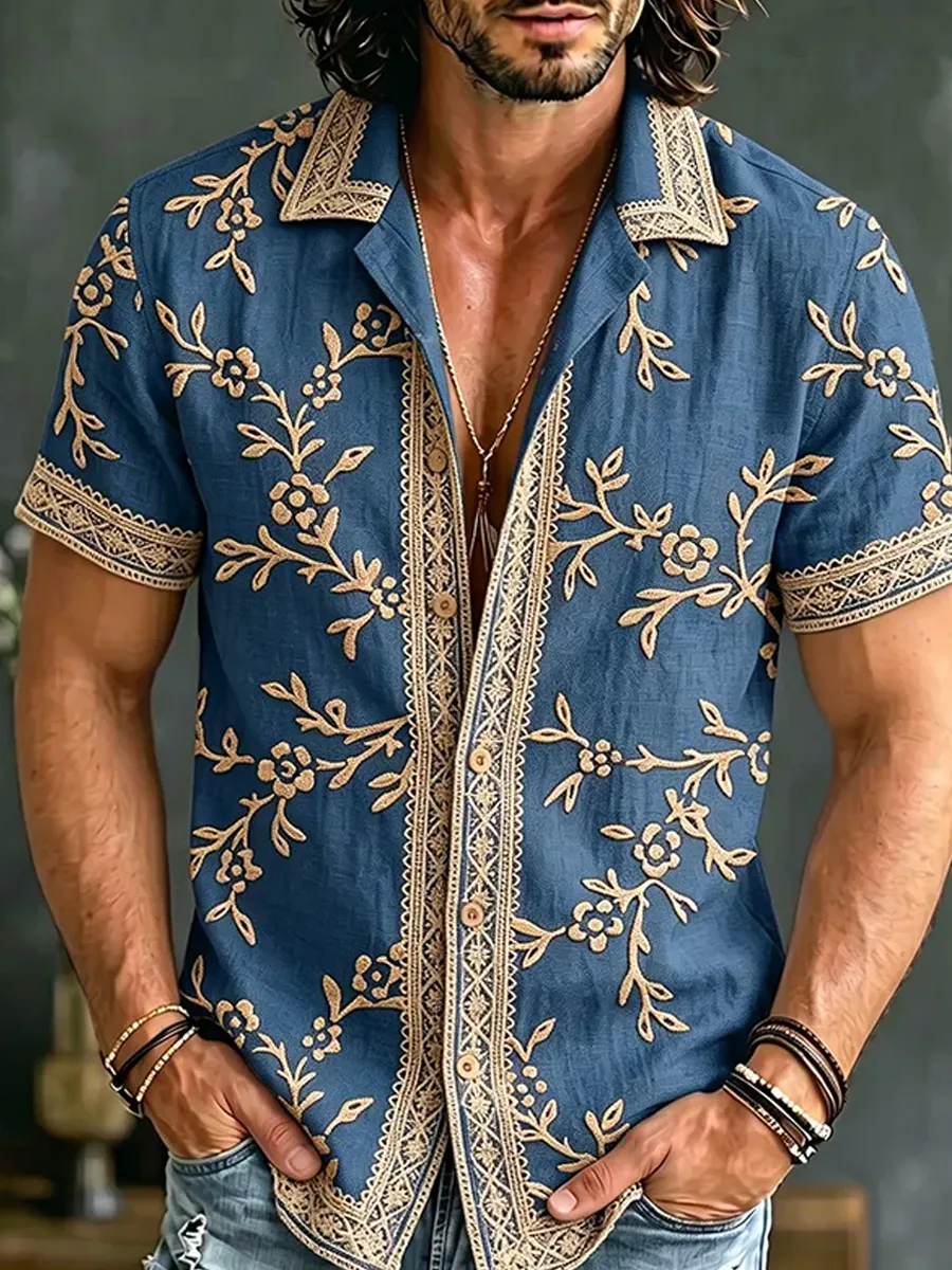 Herren-Retro-Shirt mit abstraktem Kunstprint, lässig, aus Baumwolle-Leinen-Mischgewebe-Mode & Komfort