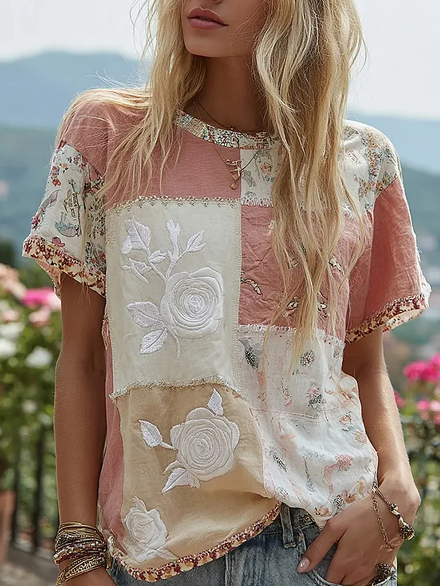 Damen Vintage Blumenkunstdruck Lässiges Baumwoll-Leinen-T-Shirt-Mode & Komfort