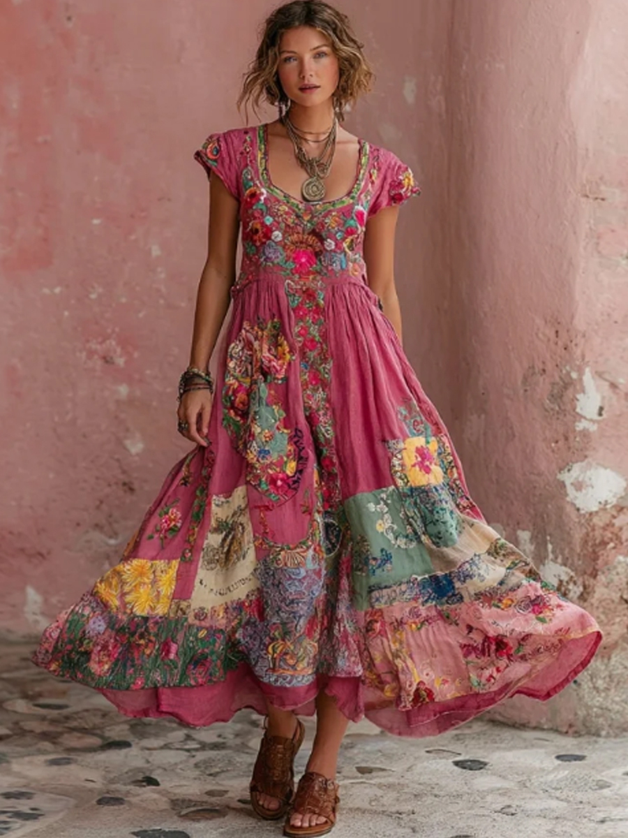 Damen-Boho-Floralstickerei Kunst Rundhalsausschnitt Kurzarm Midi-Kleid-Mode & Komfort