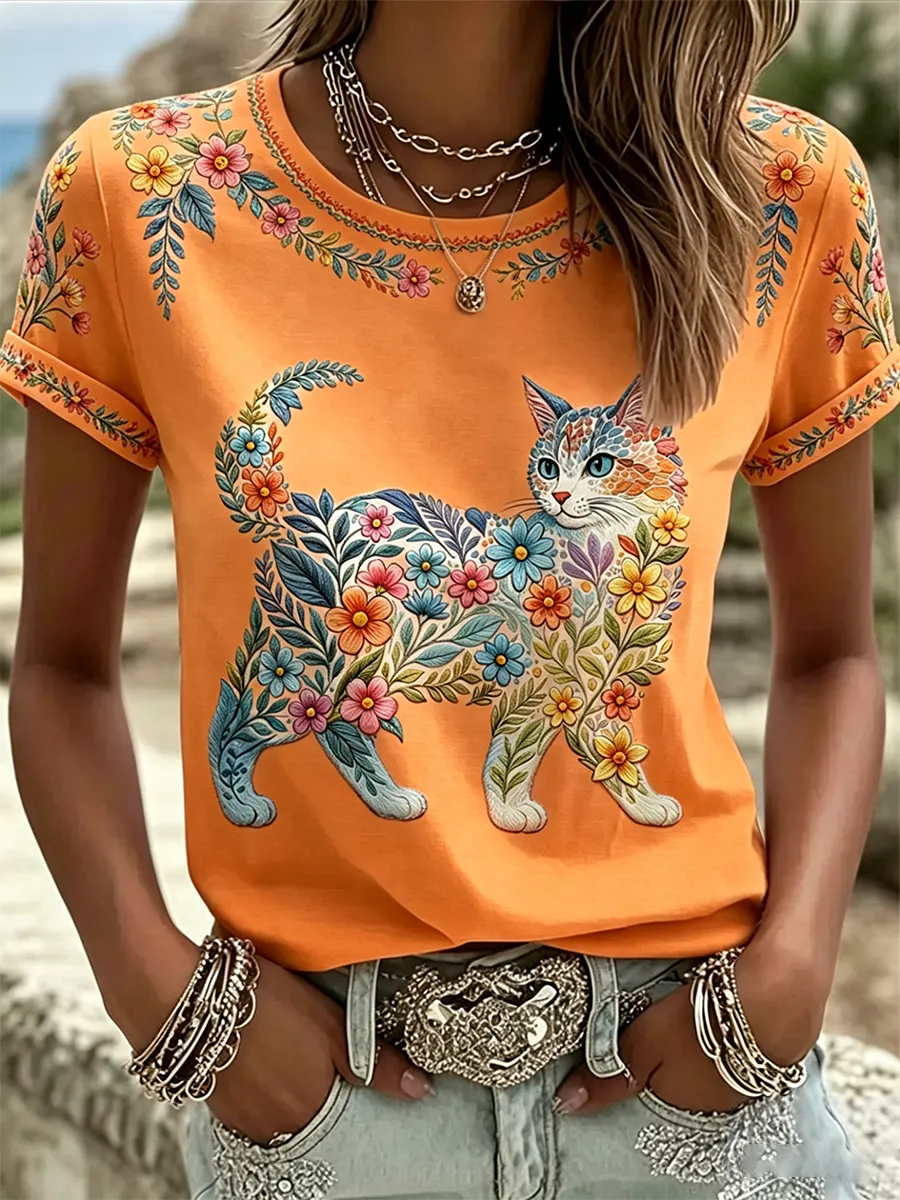 Damen-Floral-Katzen-Print-Casual-T-Shirt-Mode & Komfort