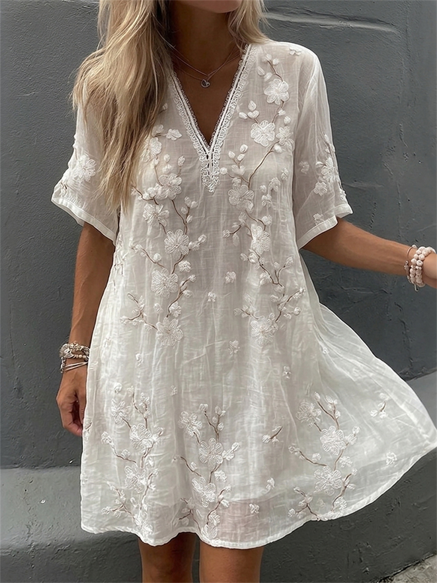 Damen Edles Mandel blüten Kunstdruck Flowy Mini kleid-Mode & Komfort