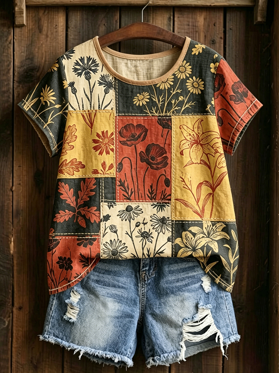 Damen-Floral-Leinen-T-Shirt mit kurzen Ärmeln-Mode & Komfort
