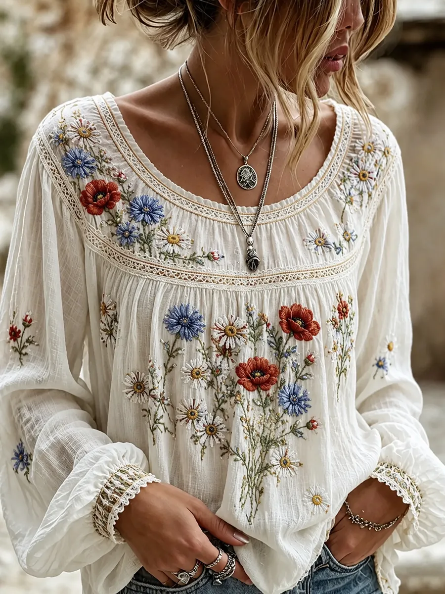 Damen-Top aus Baumwolle-Leinen im Vintage-Stil mit floraler Kunstprint-Optik-Mode & Komfort