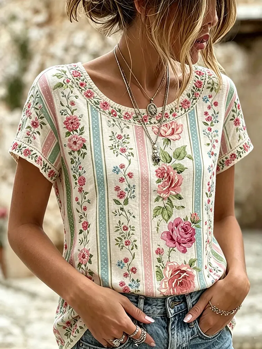 Damen Vintage Blumenkunstdruck Freizeit-Top-Mode & Komfort