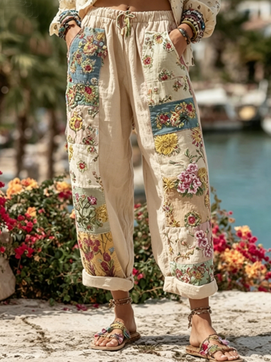 Damenhose im Boho-Stil mit floraler Stickerei, Kontrastfarben und Leinenanteil, lässig-Mode & Komfort