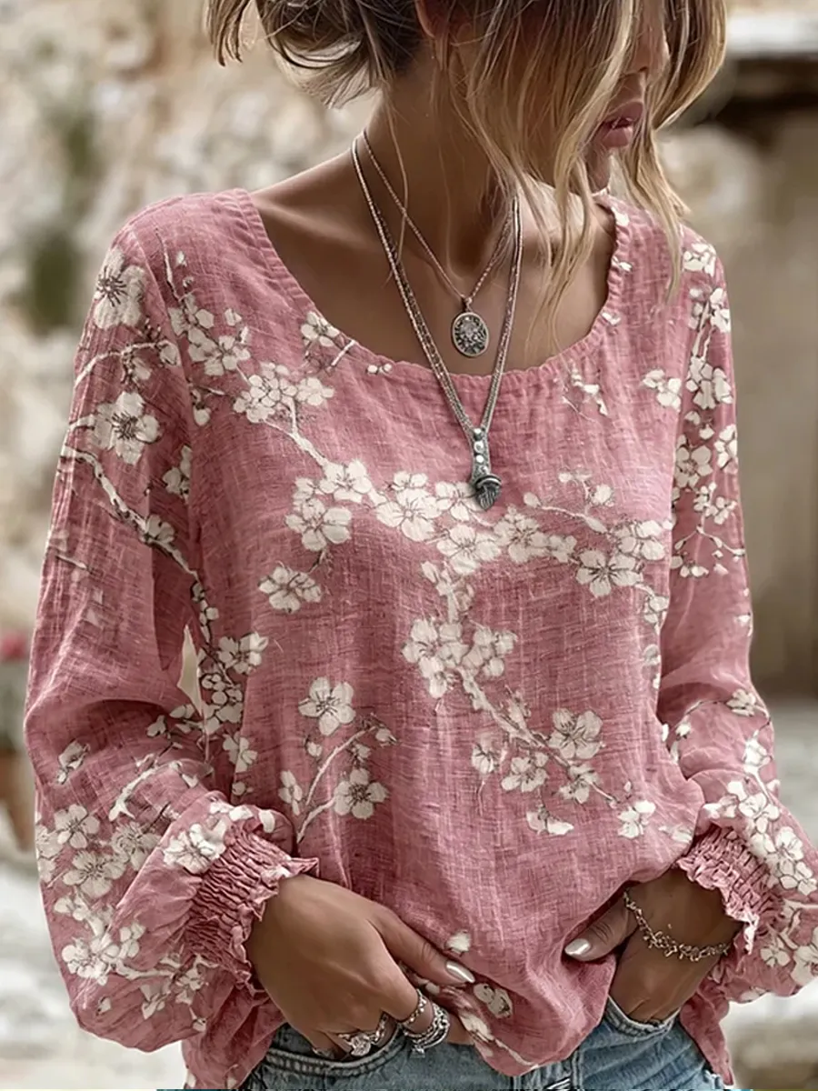 Damen-Top im Vintage-Stil mit floraler Kunstprint-Optik, aus Baumwolle und Leinen, lässig-Mode & Komfort