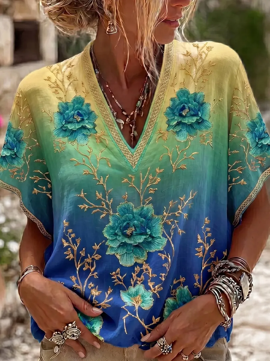 Damen-Top im Vintage-Stil mit floraler Kunstprint-Optik, aus Baumwolle und Leinen, lässig-Mode & Komfort