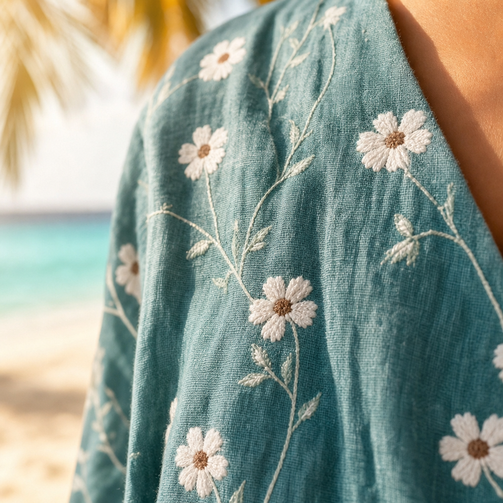 Detail of the dress's whispered V-neckline.