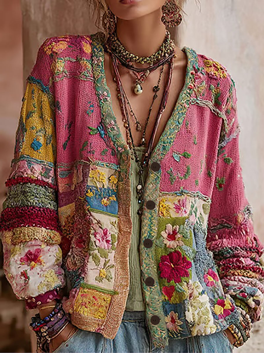 Damen-Strickjacke in Pink mit floralem Muster, lässig-Mode & Komfort