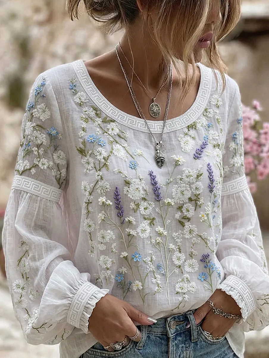 Damen-Top im Vintage-Stil mit floraler Kunstprint-Optik, aus Baumwolle und Leinen, lässig-Mode & Komfort