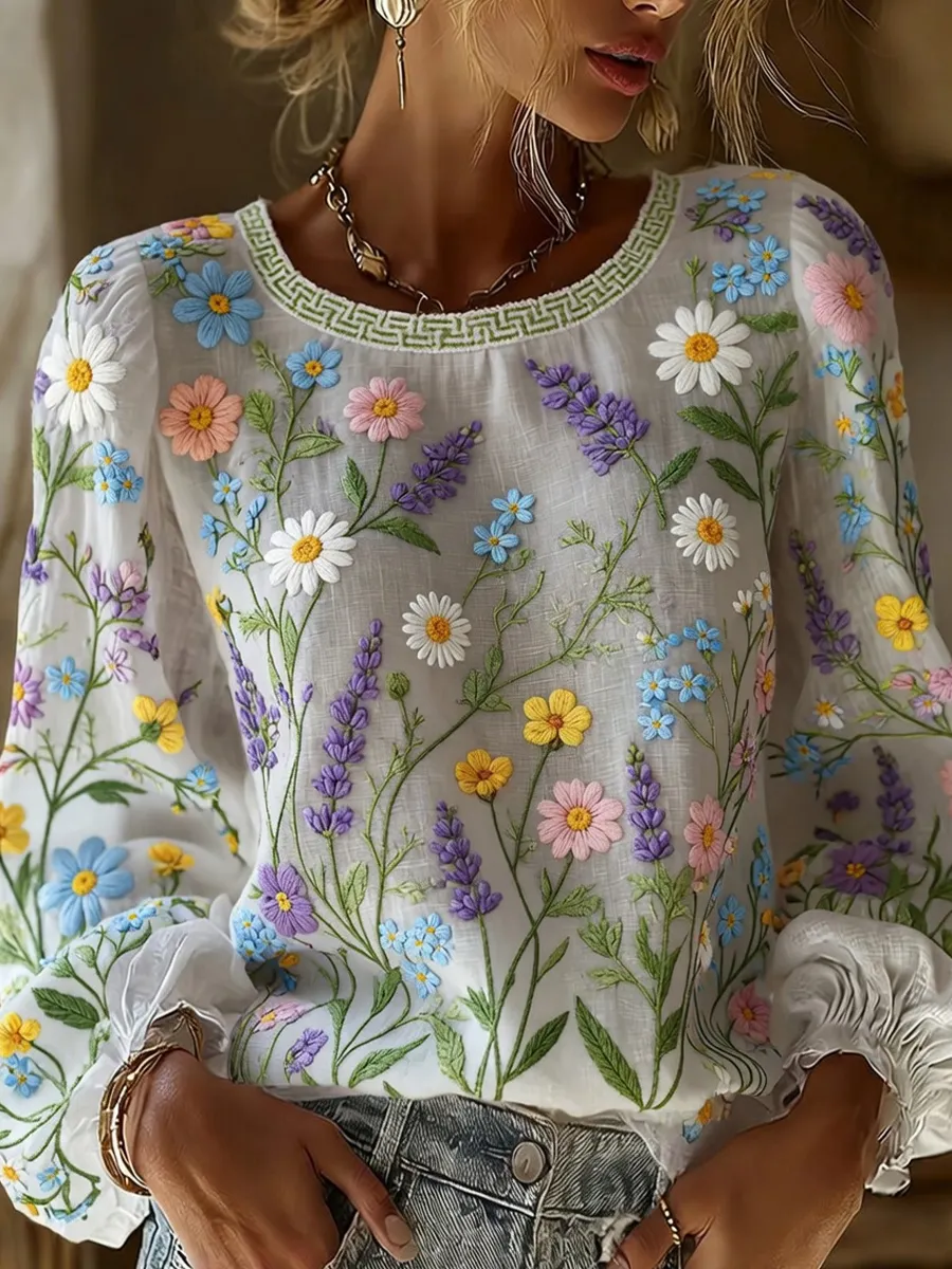 Damen-Top im Vintage-Stil mit floraler Kunstprint-Optik, aus Baumwolle und Leinen, lässig-Mode & Komfort