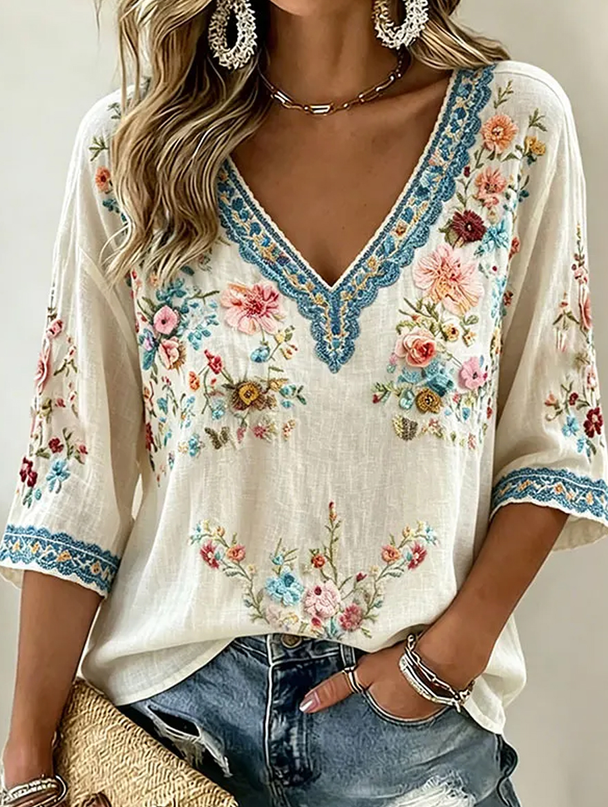 Damen-Top im Vintage-Stil mit floraler Kunstprint-Optik, aus Baumwolle und Leinen, lässig-Mode & Komfort