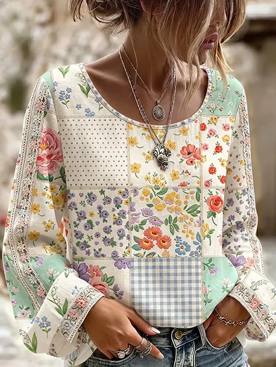 Damen-Vintage-Blumen-Kunstdruck Lässiges Baumwoll-Leinen-Top-Mode & Komfort