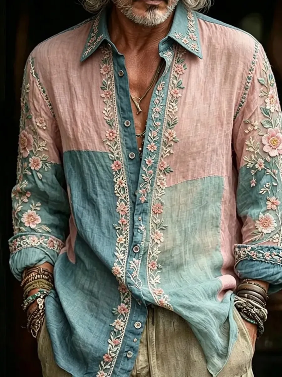 Herren-Retro-Shirt mit abstraktem Kunstprint, lässig, aus Baumwolle-Leinen-Mischgewebe-Mode & Komfort