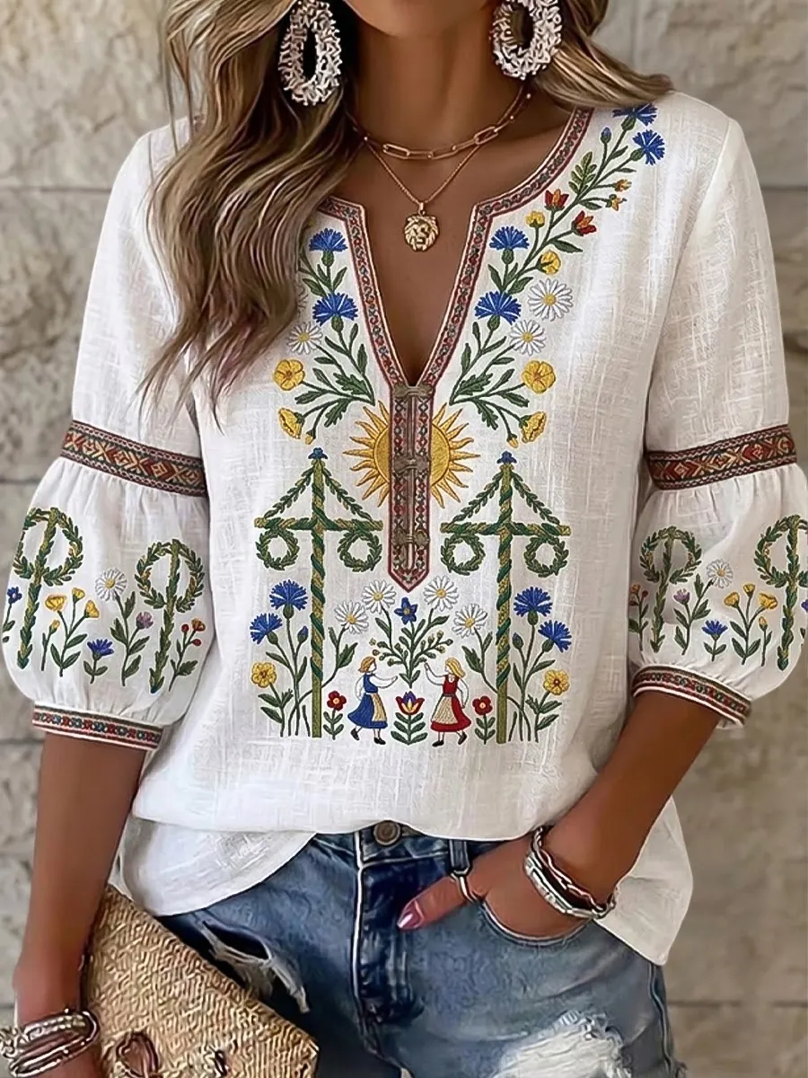 Frauen schwedisches Mittsommer-inspiriertes asymmetrisches lässiges V-Ausschnitt T-Shirt-Mode & Komfort