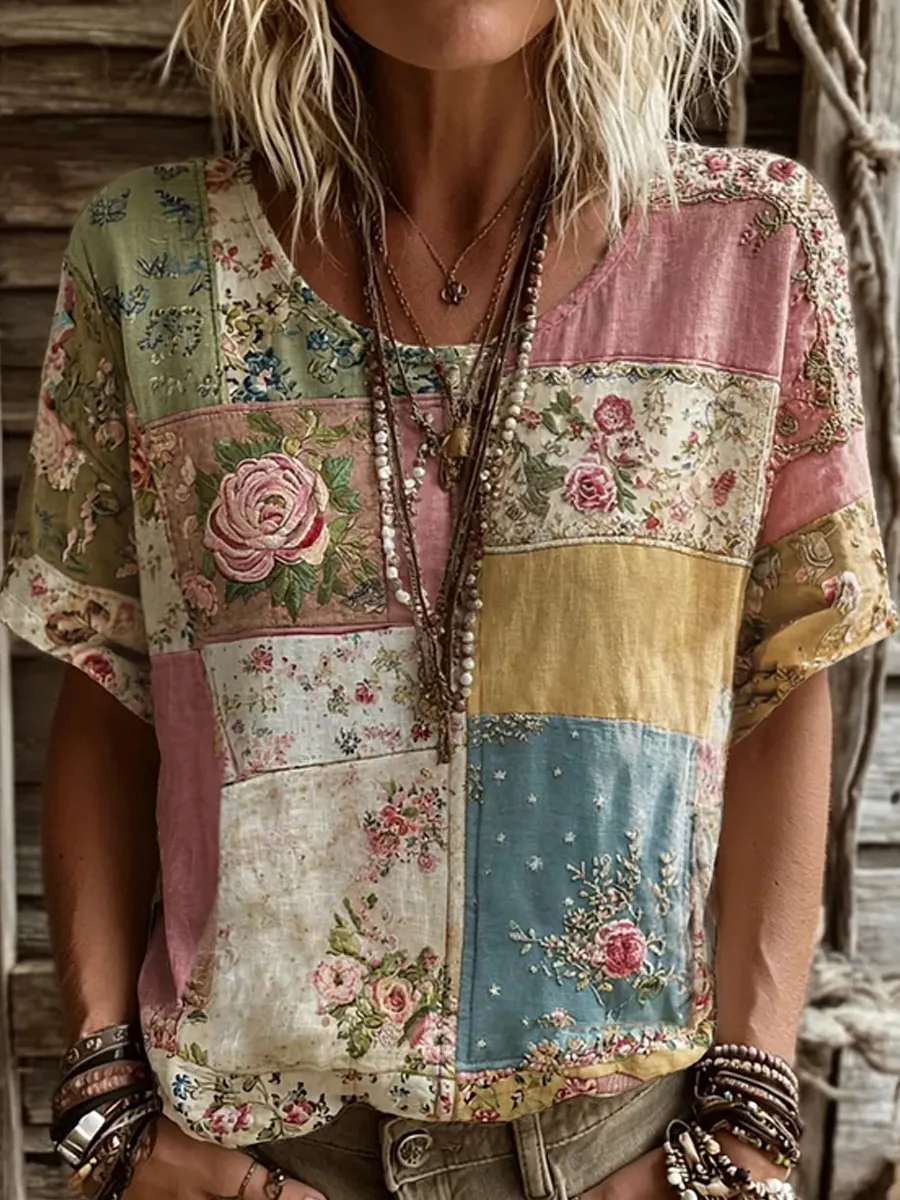 Damen-Top im Vintage-Stil mit floraler Kunstprint-Optik, aus Baumwolle und Leinen, lässig-Mode & Komfort