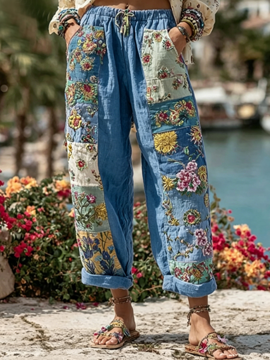 Damenhose im Boho-Stil mit floraler Stickerei, Kontrastfarben und Leinenanteil, lässig-Mode & Komfort