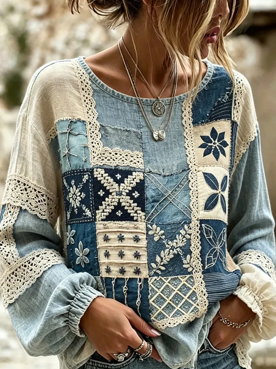 Damen-Top im Vintage-Stil mit floraler Kunstprint-Optik, aus Baumwolle und Leinen, lässig-Mode & Komfort