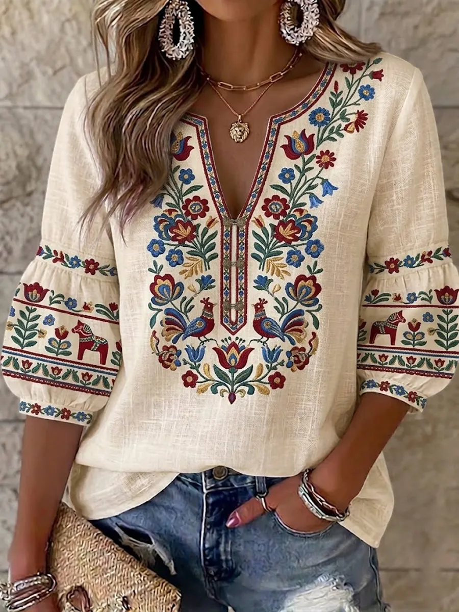Damen Retro Schwedische Mittsommer Folk Floral Baumwolle-Leinen bluse-Mode & Komfort