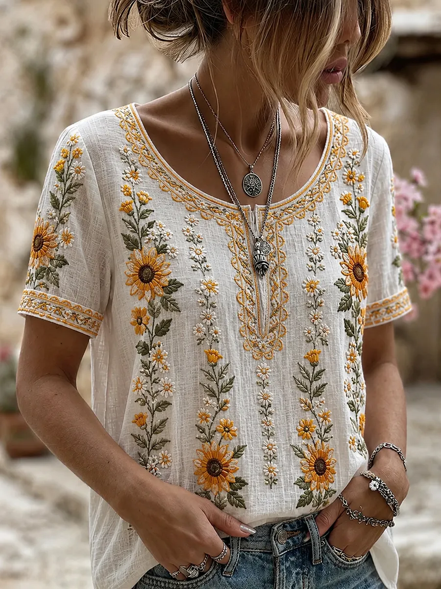 Damen-Top im Vintage-Stil mit floraler Kunstprint-Optik, aus Baumwolle und Leinen, lässig-Mode & Komfort
