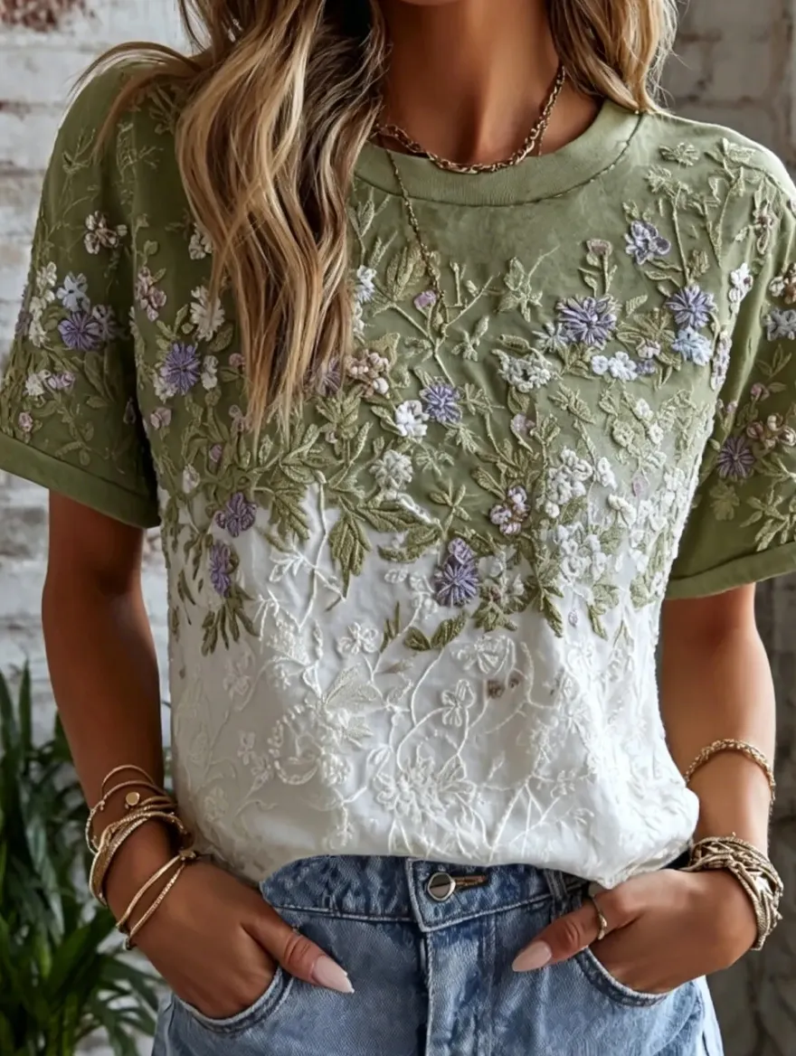 Damen-Top im Vintage-Stil mit floraler Kunstprint-Optik, aus Baumwolle und Leinen, lässig-Mode & Komfort