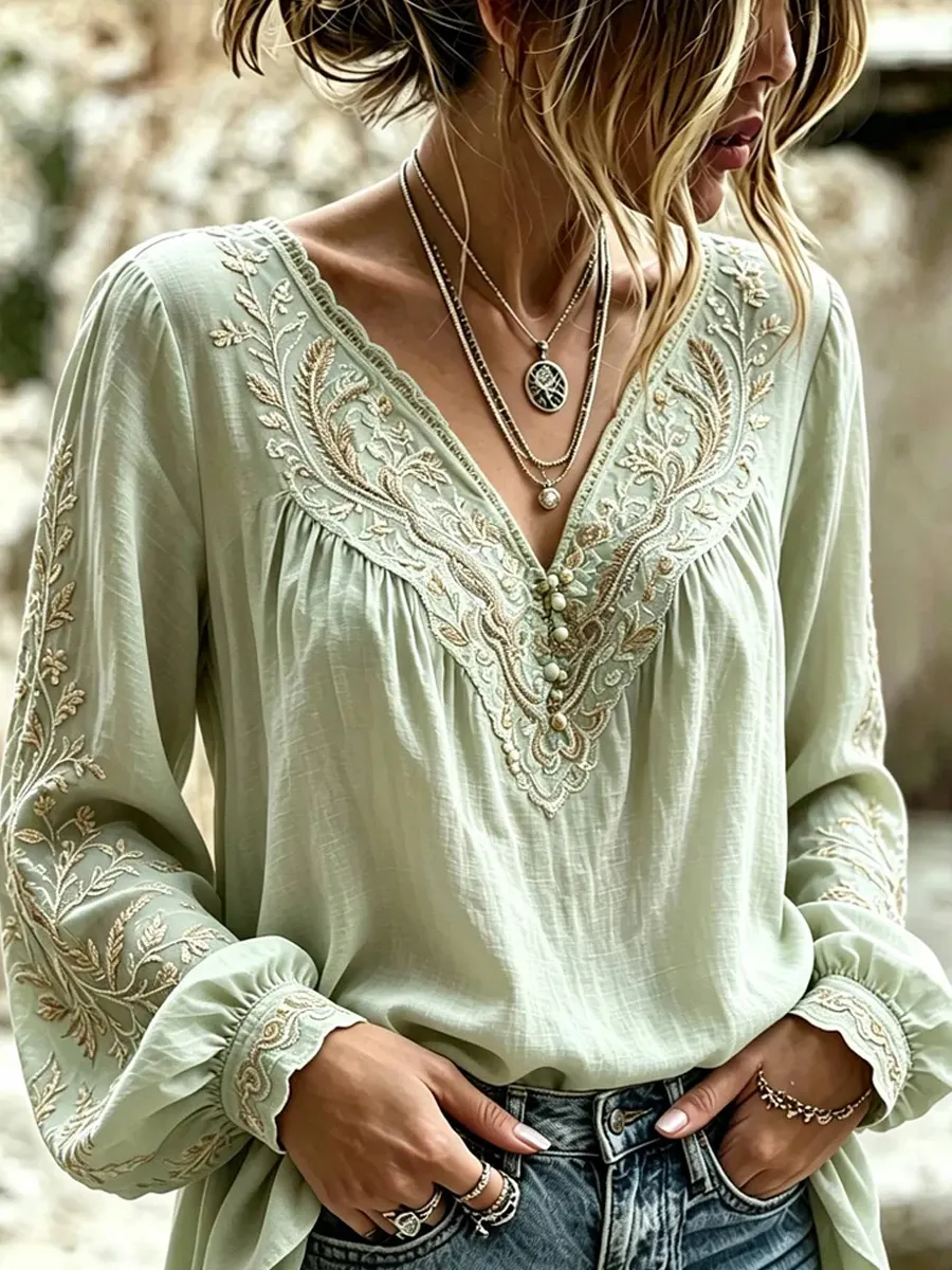 Damen-Top im Vintage-Stil mit floraler Kunstprint-Optik, aus Baumwolle und Leinen, lässig-Mode & Komfort