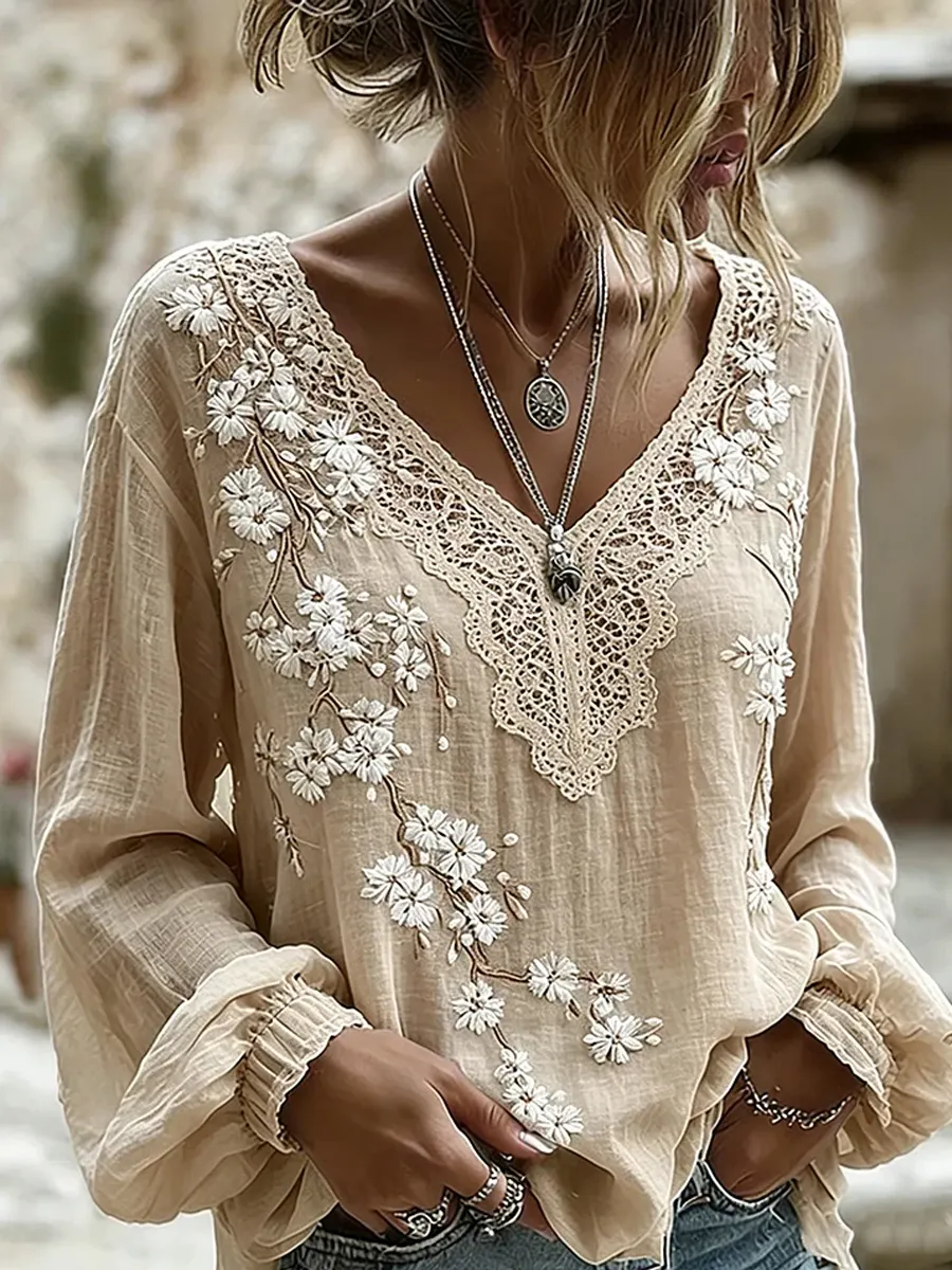 Damen-Top im Vintage-Stil aus Baumwolle und Leinen, lässig geschnitten, mit gestickten Blumen und bedrucktem Patchwork-Design-Mode & Komfort