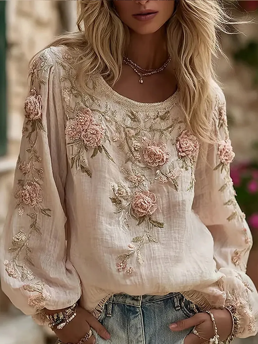 Damen-Top im Vintage-Stil mit floraler Kunstprint-Optik, aus Baumwolle und Leinen, lässig-Mode & Komfort