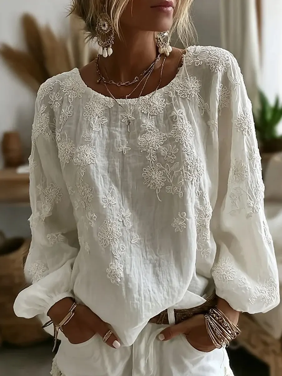 Damen-Top im Vintage-Stil mit floraler Kunstprint-Optik, aus Baumwolle und Leinen, lässig-Mode & Komfort