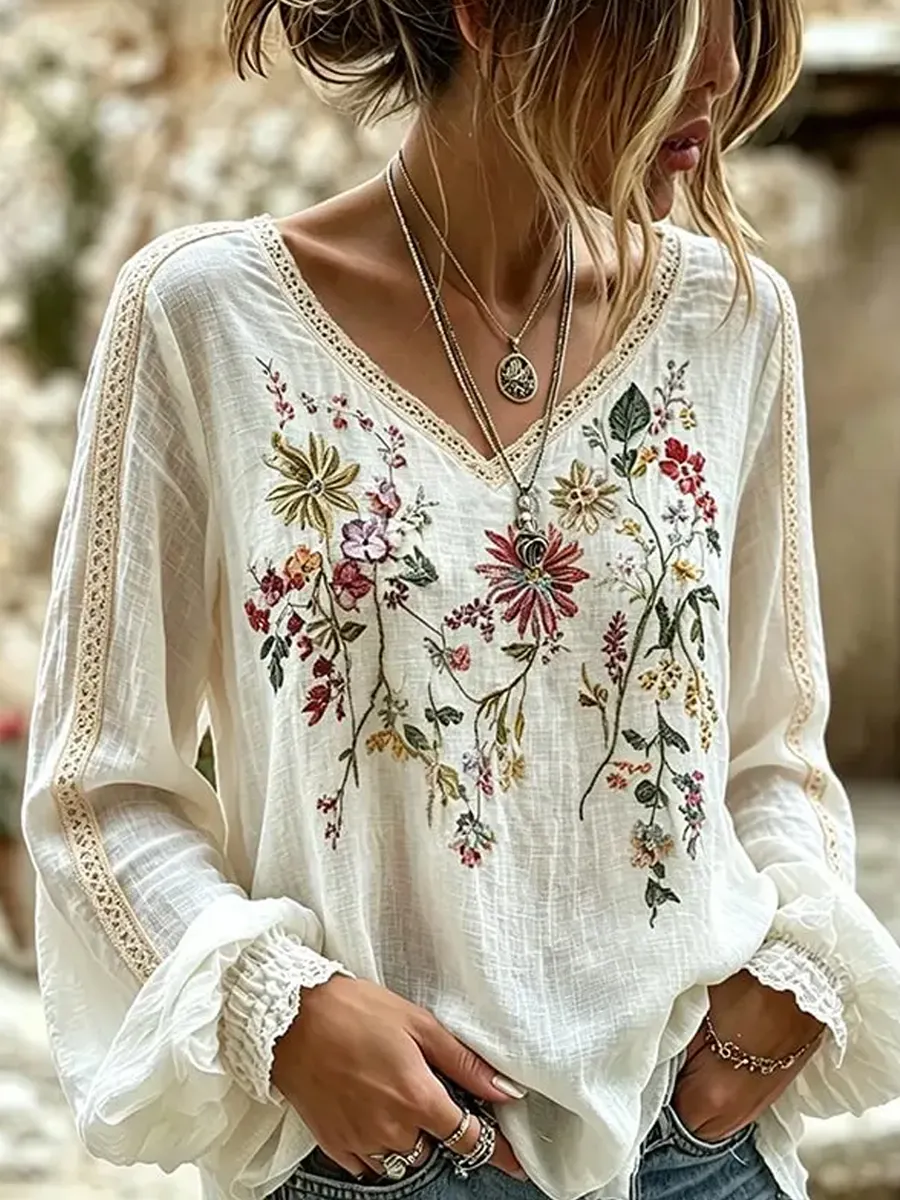 Damen-Top im Vintage-Stil mit floraler Kunstprint-Optik, aus Baumwolle und Leinen, lässig-Mode & Komfort
