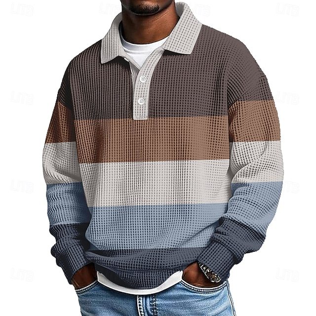Men's Horizontal Stripes Waffle Polo Shirts Textured Long Sleeve Polo 