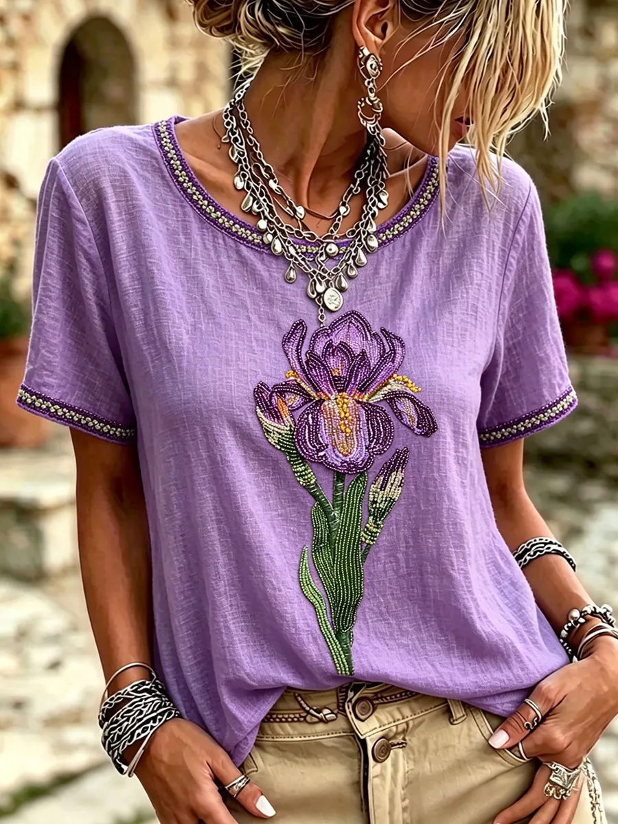 Frauen-Alzheimer-Lila-Blumenoberteile-Mode & Komfort