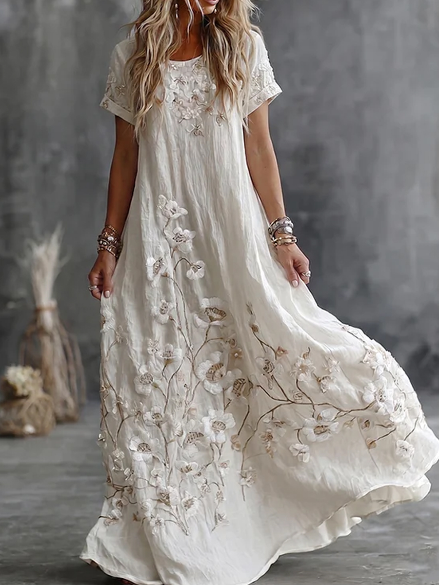 Damen-Boho-Floralstickerei Kunst Rundhalsausschnitt Kurzarm Midi-Kleid-Mode & Komfort