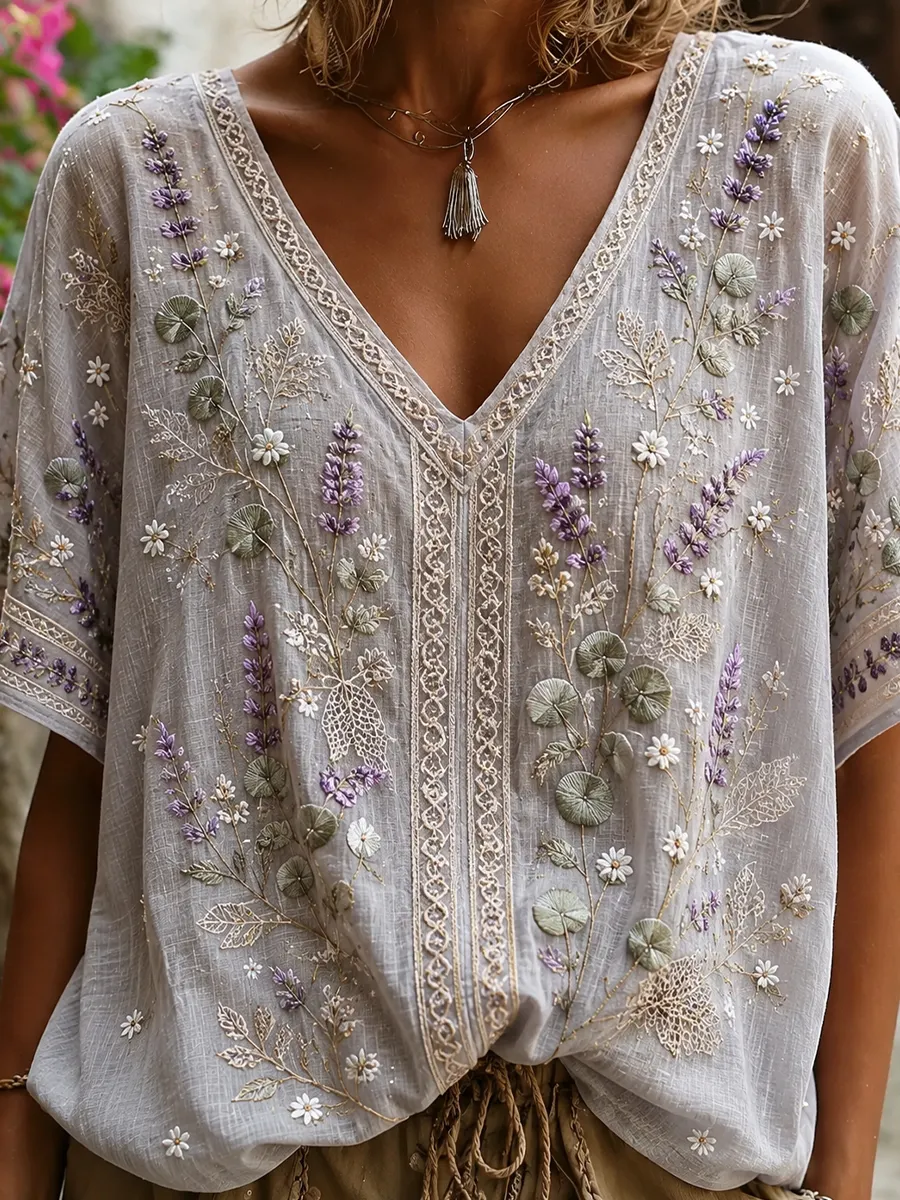 Damen-Top aus Baumwolle-Leinen im Vintage-Stil mit floraler Kunstprint-Optik-Mode & Komfort
