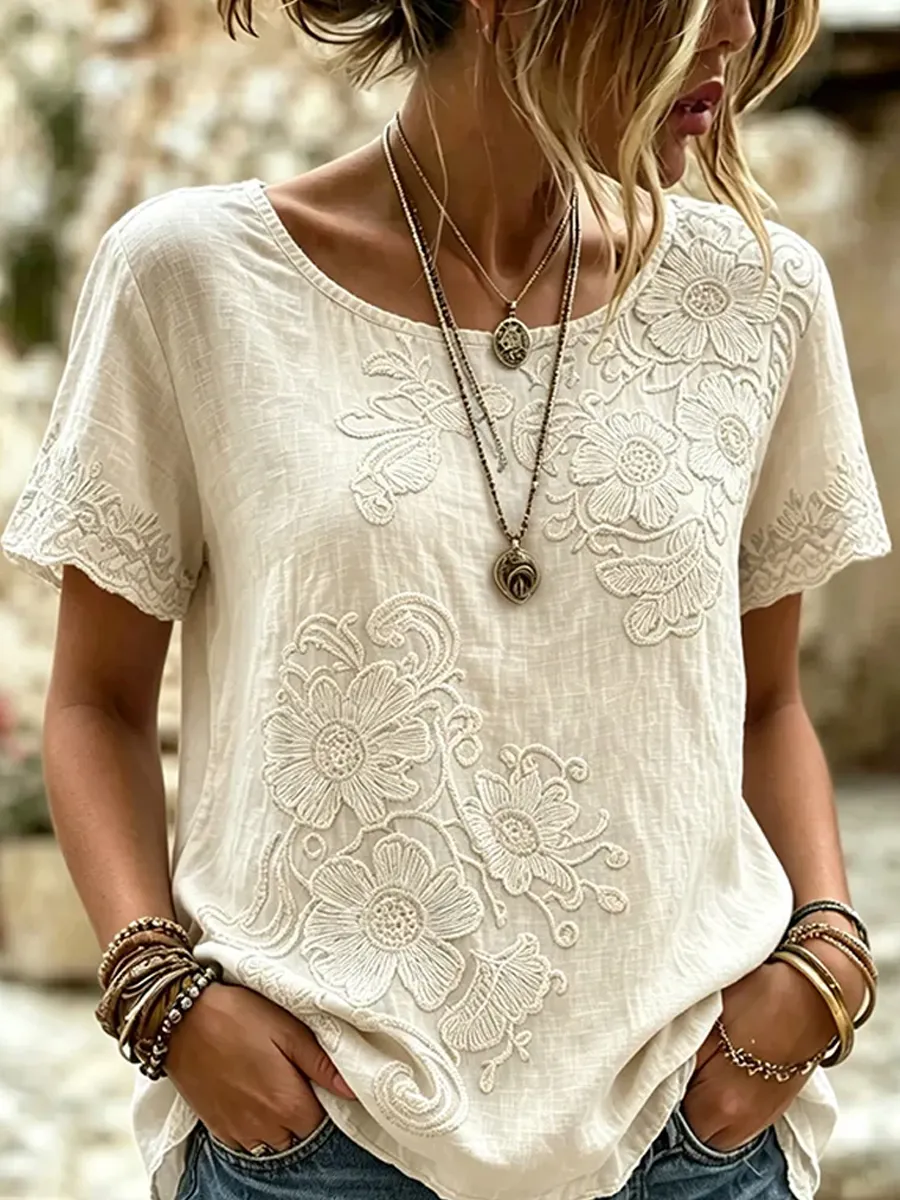 Damen Vintage Blumenkunstdruck Freizeit-Top-Mode & Komfort