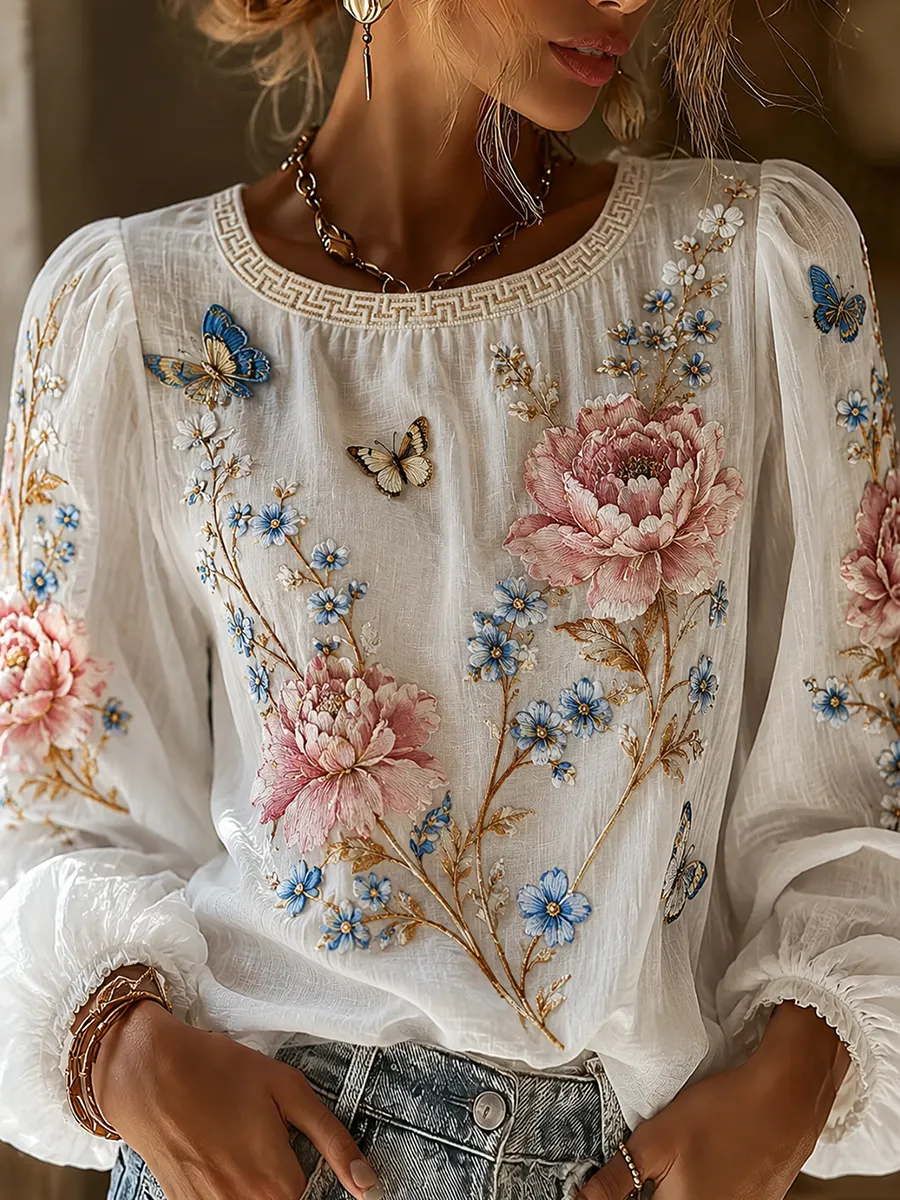Damen-Top aus Baumwolle-Leinen im Vintage-Stil mit floraler Kunstprint-Optik-Mode & Komfort