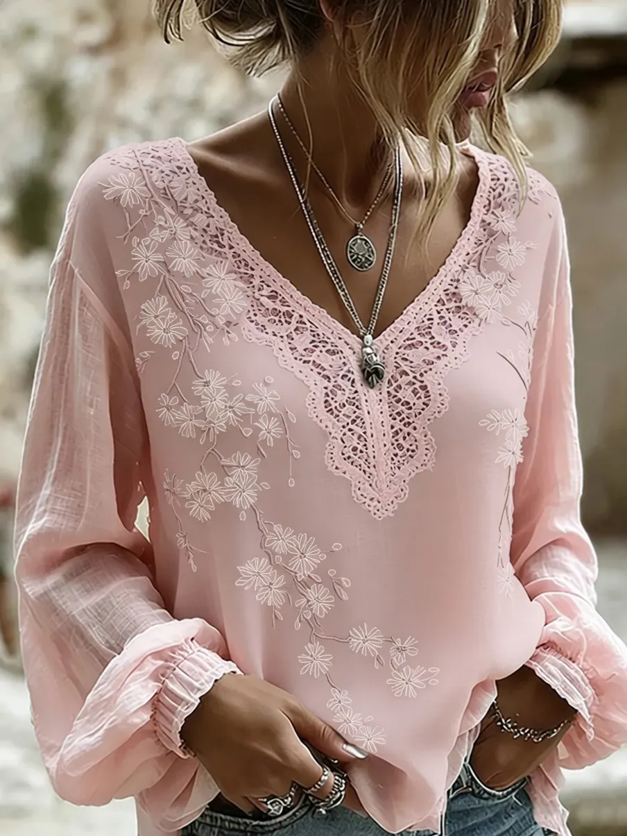 Damen-Top im Vintage-Stil mit floraler Kunstprint-Optik, aus Baumwolle und Leinen, lässig-Mode & Komfort