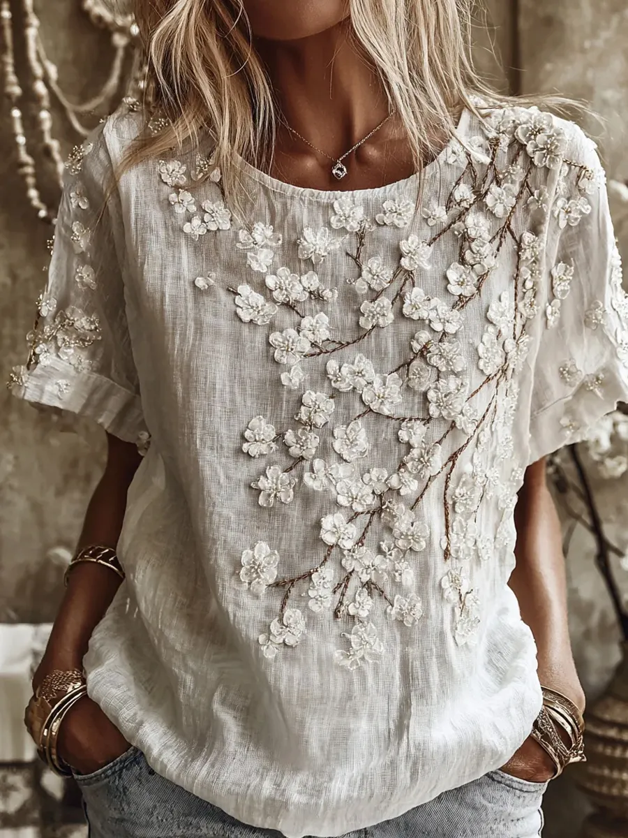 Damen Vintage Blumenkunstdruck Freizeit-T-Shirt-Mode & Komfort