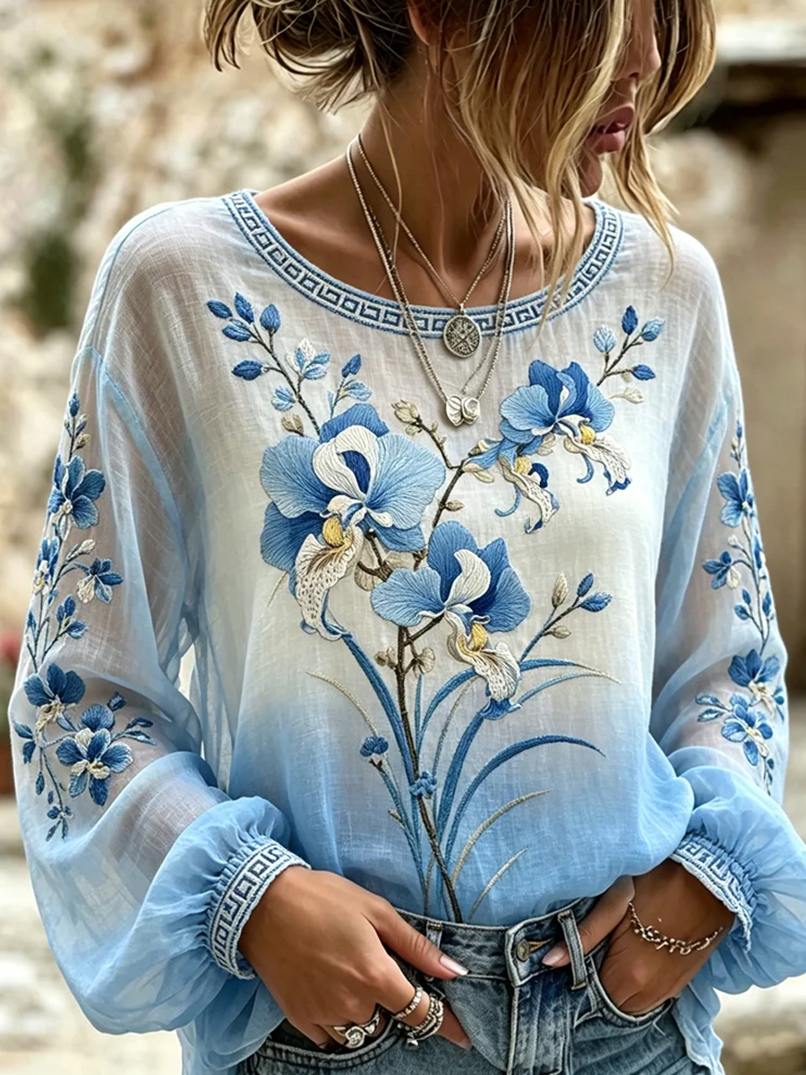 Damen-Top im Vintage-Stil aus Baumwolle und Leinen, lässig geschnitten, mit gestickten Blumen und bedrucktem Patchwork-Design-Mode & Komfort