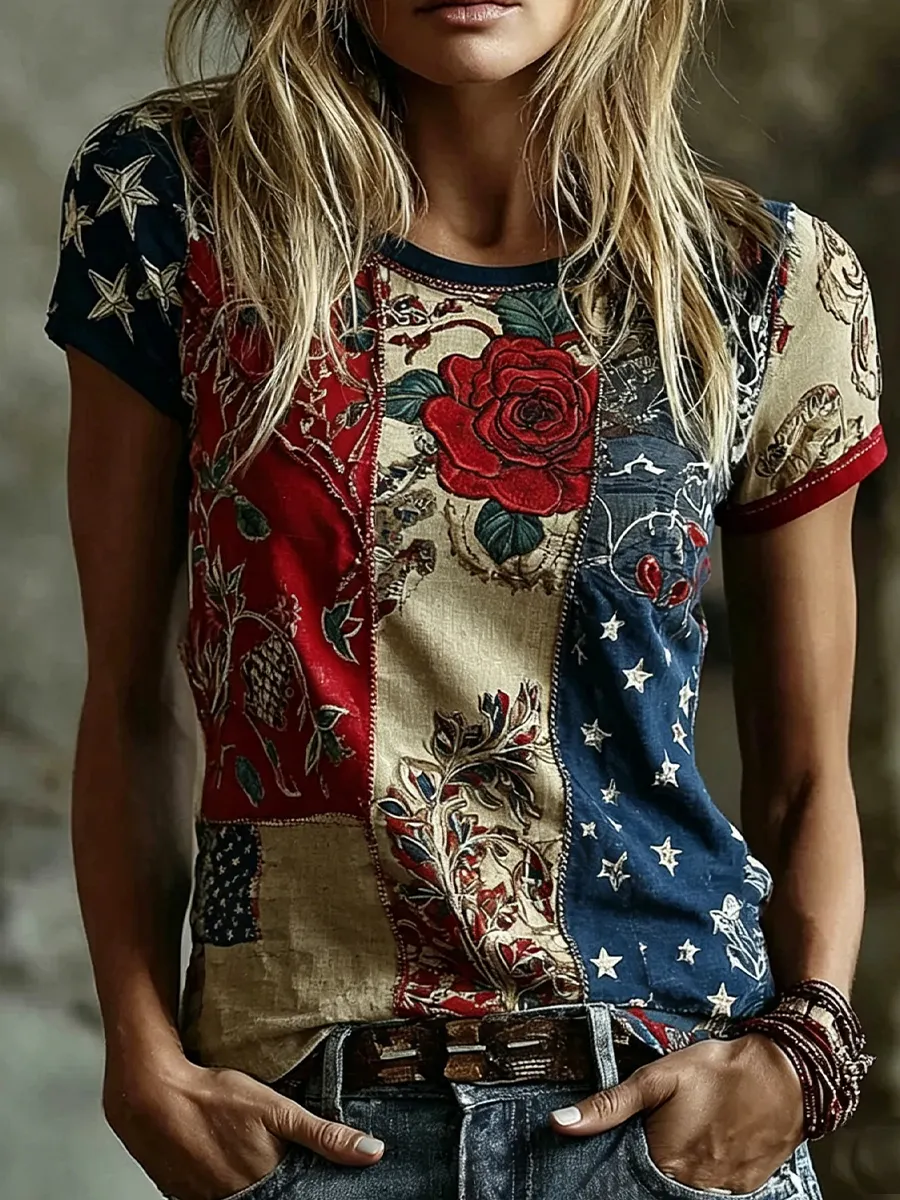 Damen-Top im Vintage-Stil mit floraler Kunstprint-Optik, aus Baumwolle und Leinen, lässig-Mode & Komfort