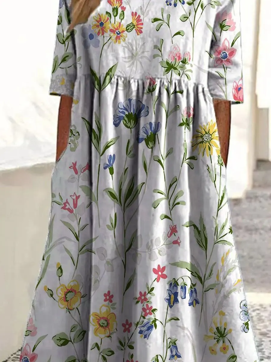 Damen Vintage Blumen Kunst Druck Taschen Baumwollkleid-Mode & Komfort