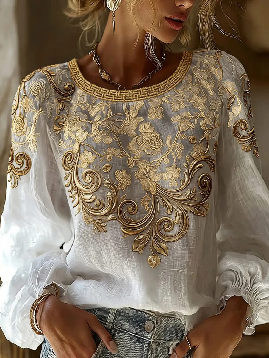 Damen-Top im Vintage-Stil mit floraler Kunstprint-Optik, aus Baumwolle und Leinen, lässig-Mode & Komfort