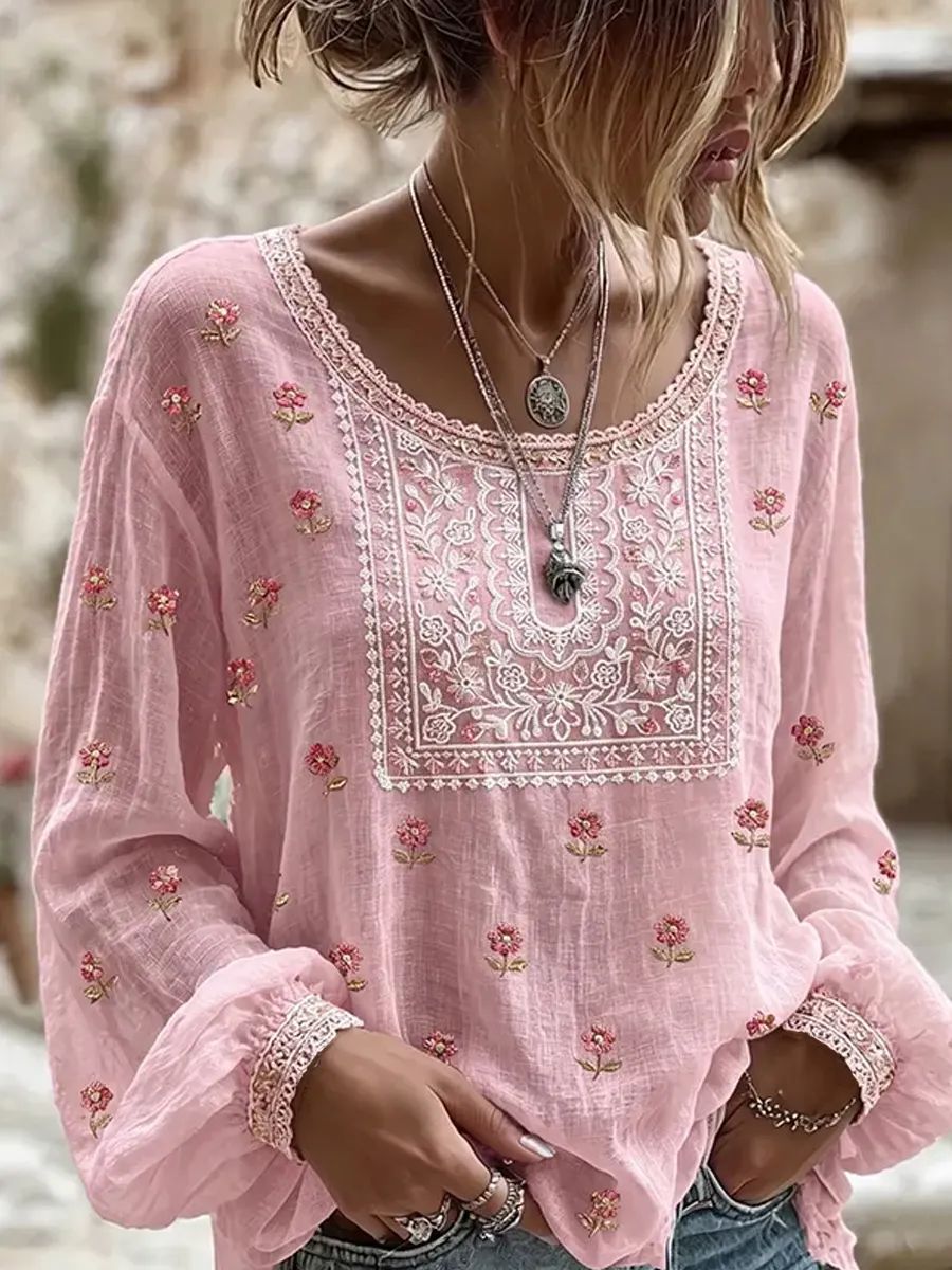 Damen-Top im Vintage-Stil mit floraler Kunstprint-Optik, aus Baumwolle und Leinen, lässig-Mode & Komfort