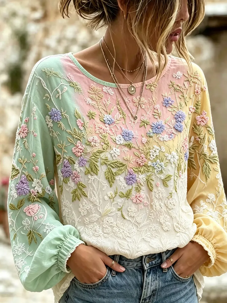 Damen-Top aus Baumwolle-Leinen im Vintage-Stil mit floraler Kunstprint-Optik-Mode & Komfort