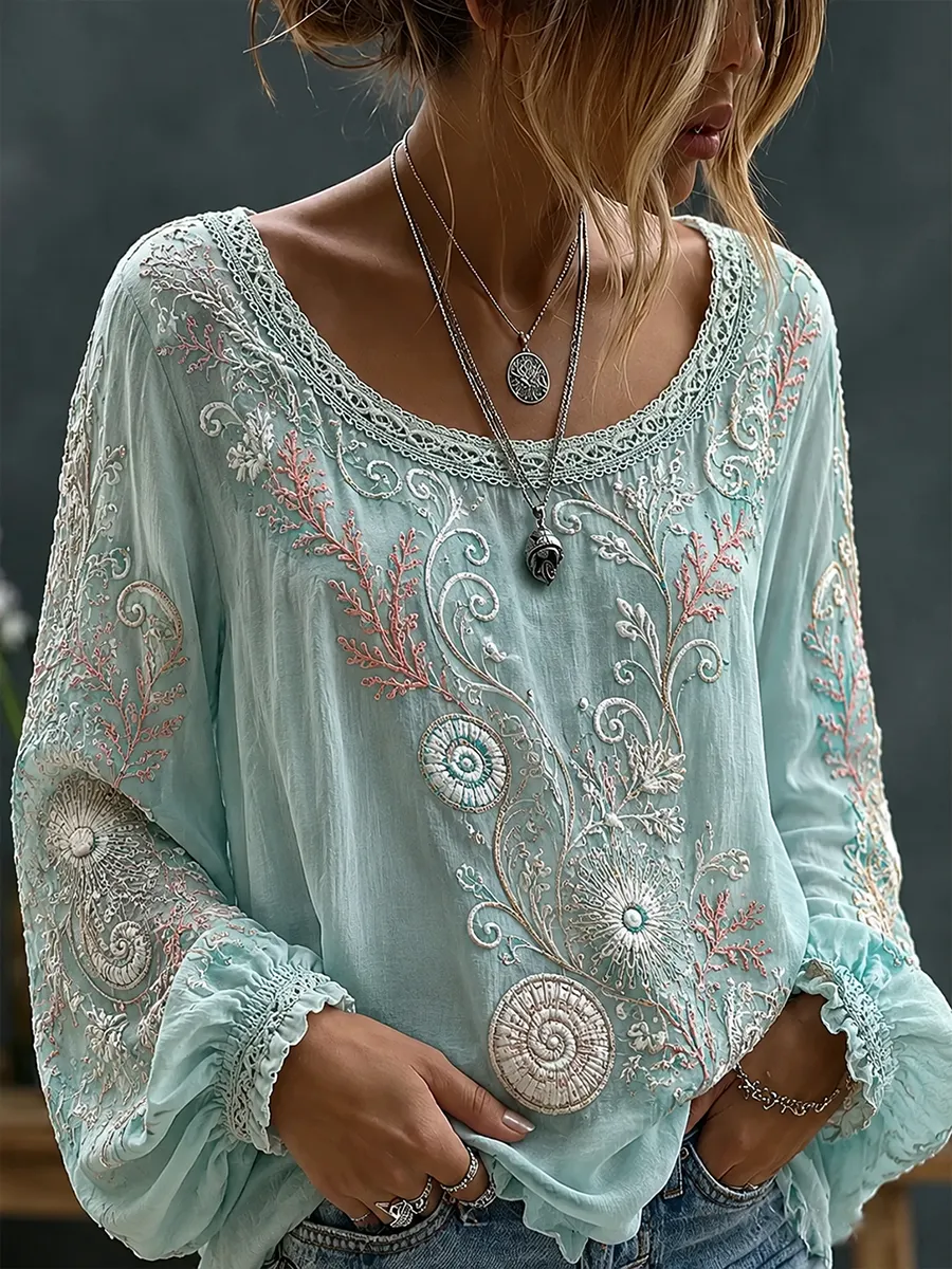 Damen-Top im Vintage-Stil mit floraler Kunstprint-Optik, aus Baumwolle und Leinen, lässig-Mode & Komfort