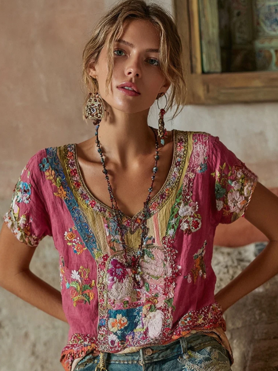 Damen-Boho-Floral-Stickerei Kunst V-Ausschnitt Kontrastfarbe Leinenmischung T-Shirt-Mode & Komfort