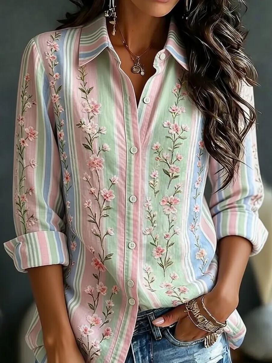 Damen-Vintage-Shirt mit floraler Kunstprint-Optik, lässig, aus Baumwolle und Leinen-Mode & Komfort