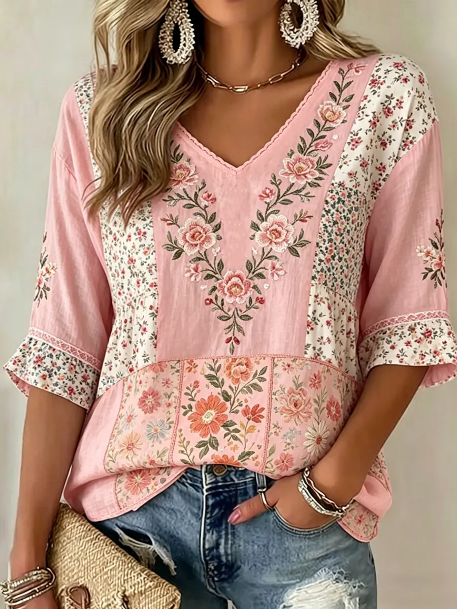 Damen-T-Shirt mit Blumenmuster, mittellangen Ärmeln und V-Ausschnitt-Mode & Komfort